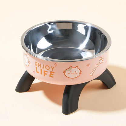 High-Legged Cartoon Pet Bowl, Stainless Steel, Large Capacity