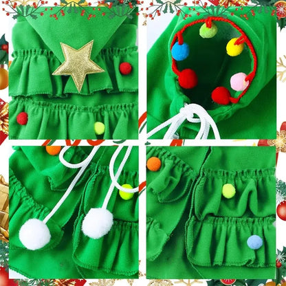 Green Pet Christmas Cloak with Hat and Pompoms for Dogs