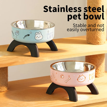 High-Legged Cartoon Pet Bowl, Stainless Steel, Large Capacity