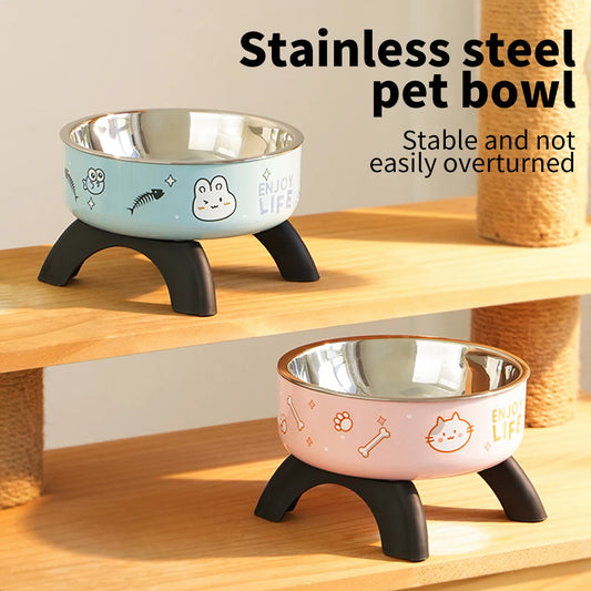 High-Legged Cartoon Pet Bowl, Stainless Steel, Large Capacity