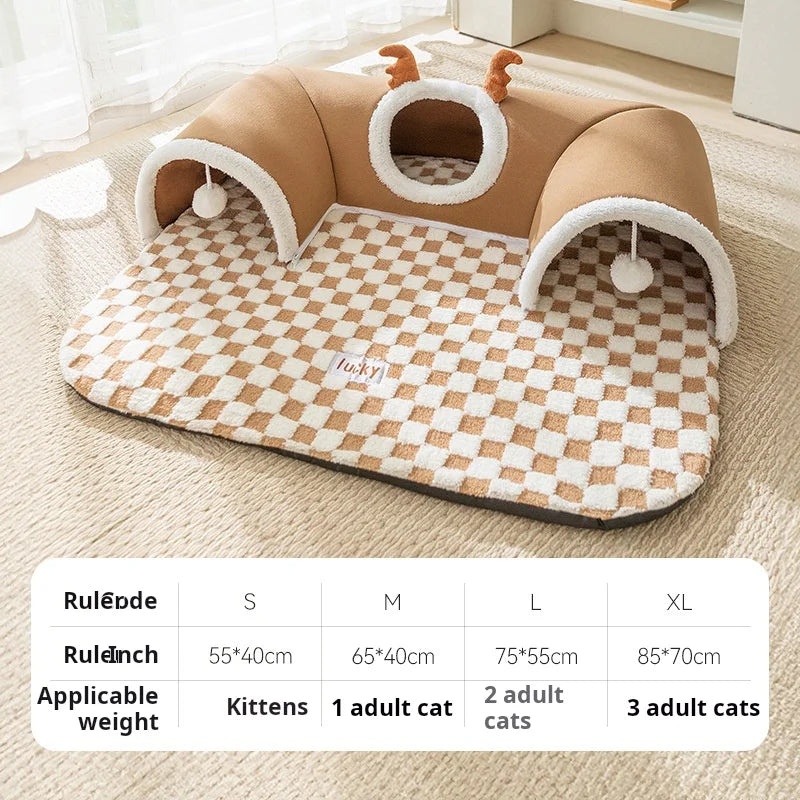 Reindeer-Themed Cat Tunnel Hideaway and Plush Bed