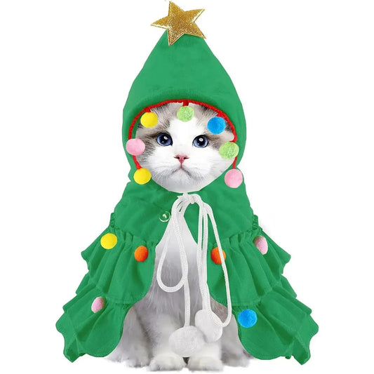 Green Pet Christmas Cloak with Hat and Pompoms for Dogs