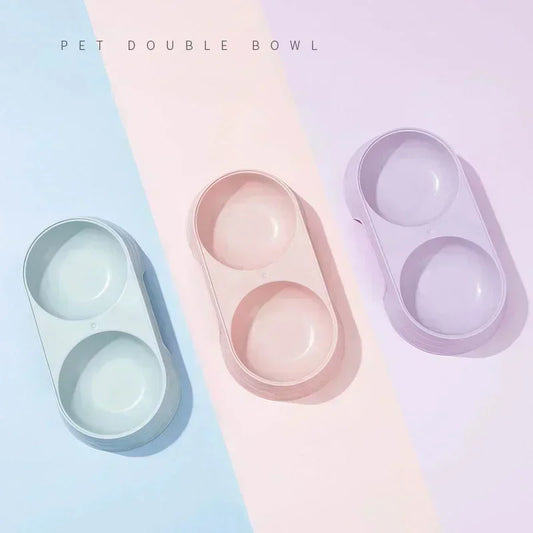 Pet Double Bowl Feeder Tray for Cats and Dogs - Macaron Design