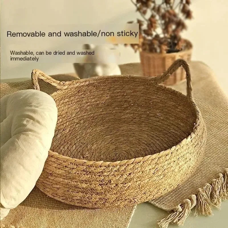 Natural Woven Cat Bed & Washable Heating Pad for All Seasons