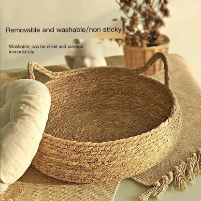 Natural Woven Cat Bed & Washable Heating Pad for All Seasons