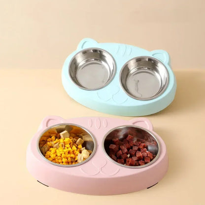 Cute Double Bowl Feeder for Cats and Dogs - Plastic Tray