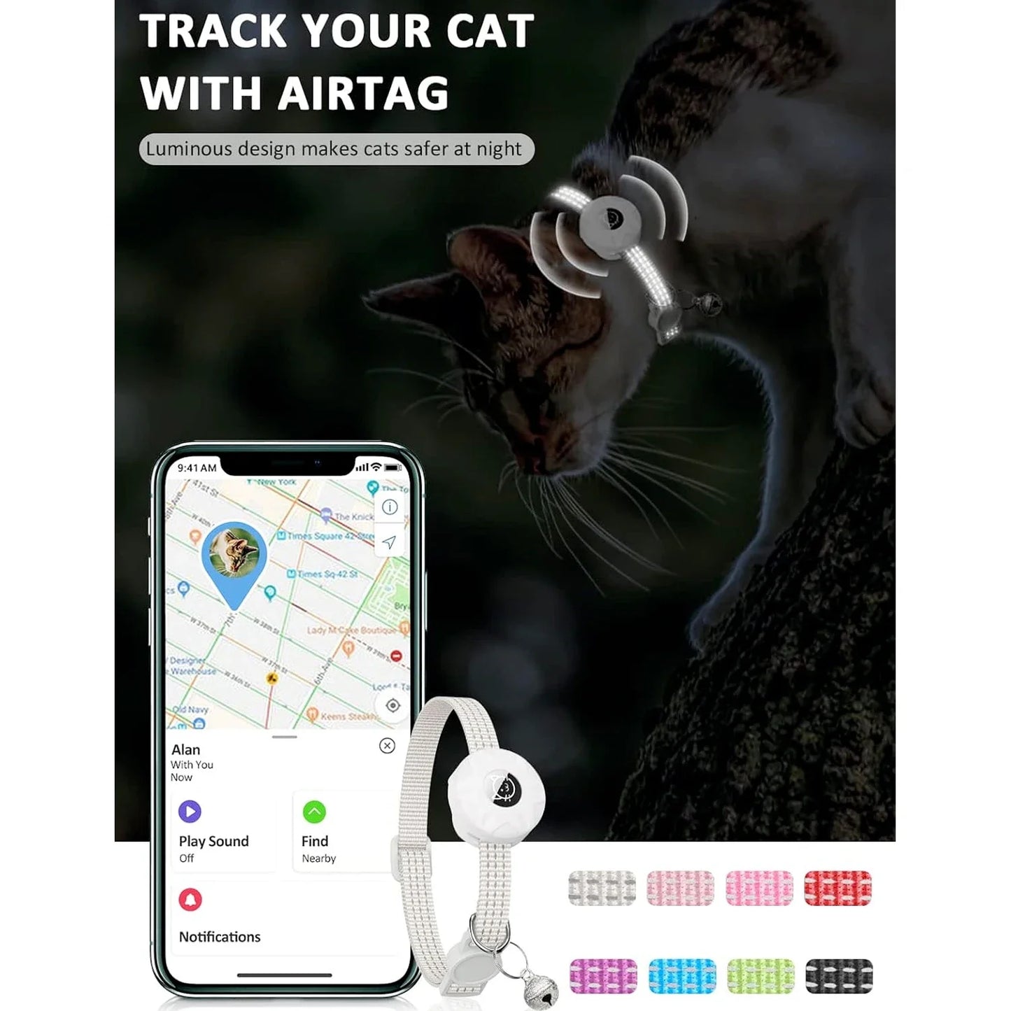 Reflective GPS Cat Collar with AirTag Holder and Bell