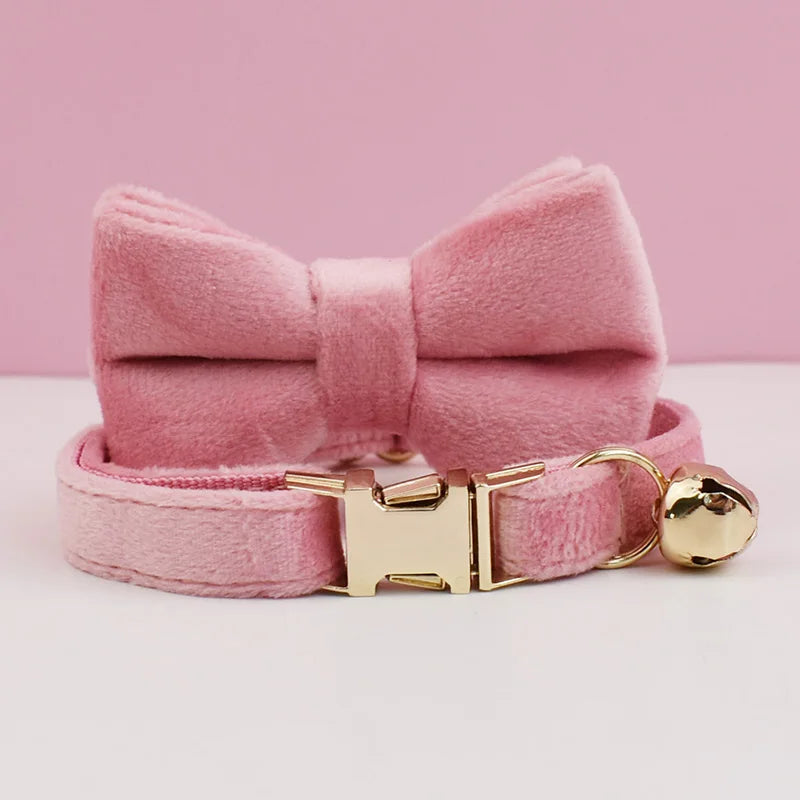 Personalized Velvet Cat Collar with Name Plate and Bow Tie