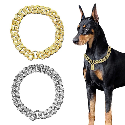 Diamond Inlay Dog Collar with Chain for Small to Large Dogs