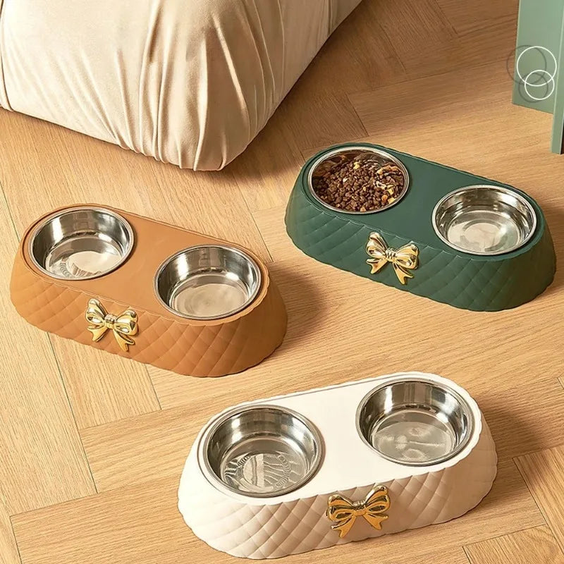 Double Dog and Cat Food and Water Bowl Set with Bowtie Design