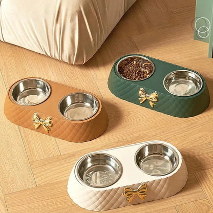 Double Dog and Cat Food and Water Bowl Set with Bowtie Design