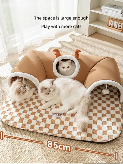 Reindeer-Themed Cat Tunnel Hideaway and Plush Bed