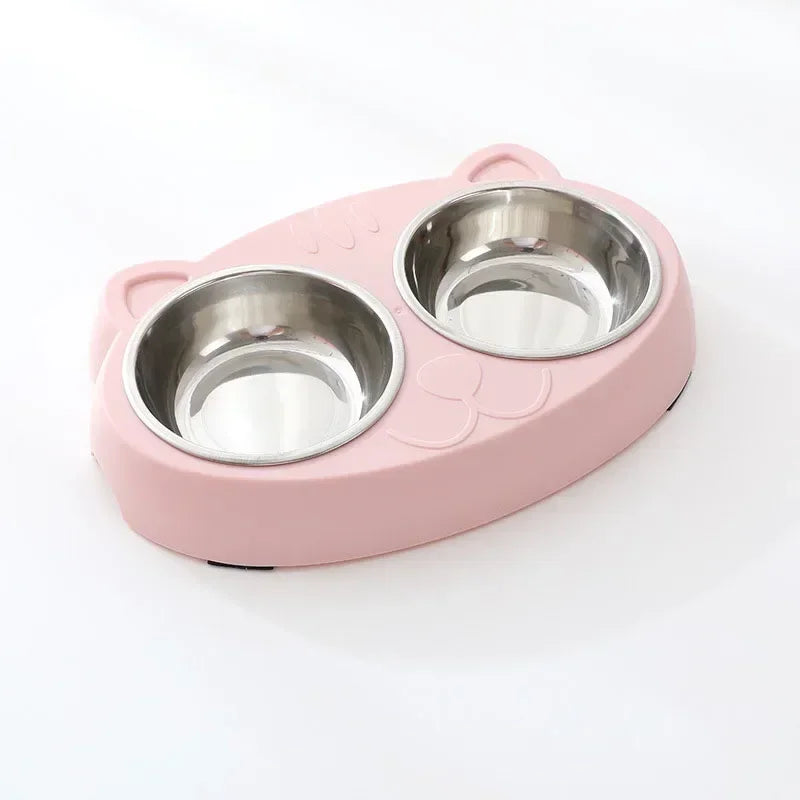 Cute Double Bowl Feeder for Cats and Dogs - Plastic Tray