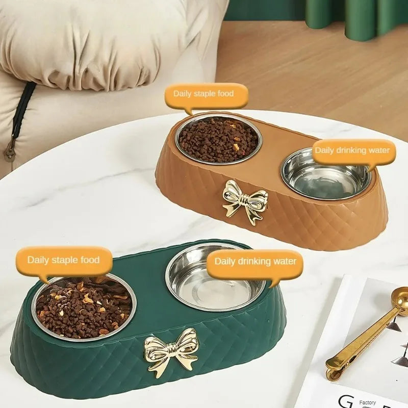Double Dog and Cat Food and Water Bowl Set with Bowtie Design