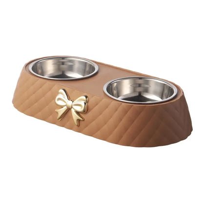 Double Dog and Cat Food and Water Bowl Set with Bowtie Design