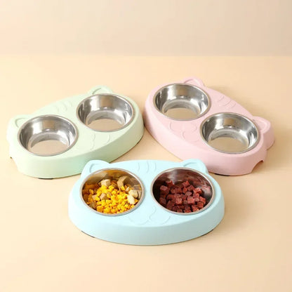 Cute Double Bowl Feeder for Cats and Dogs - Plastic Tray