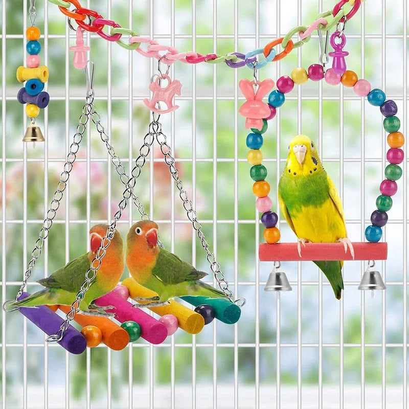 Chewable Wooden Parrot Swing and Toy Set - 11 Pieces