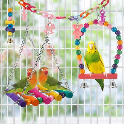 Chewable Wooden Parrot Swing and Toy Set - 11 Pieces