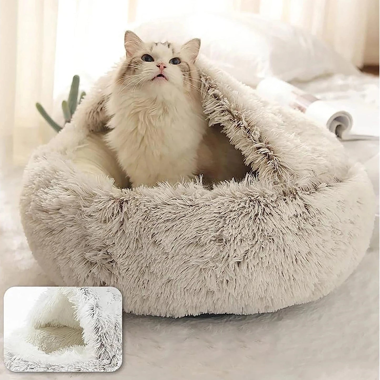 Fluffy Hooded Pet Bed for Cats and Small Dogs