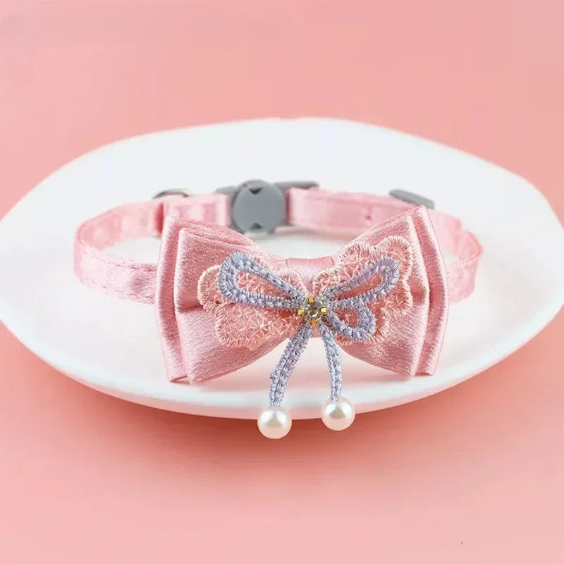 Pink Lace Bow Pet Collar with Beads and Bell for Cats and Dogs