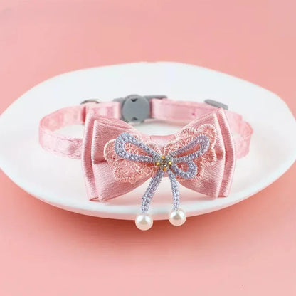 Pink Lace Bow Pet Collar with Beads and Bell for Cats and Dogs