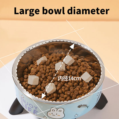High-Legged Cartoon Pet Bowl, Stainless Steel, Large Capacity