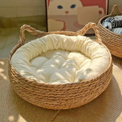 Natural Woven Cat Bed & Washable Heating Pad for All Seasons