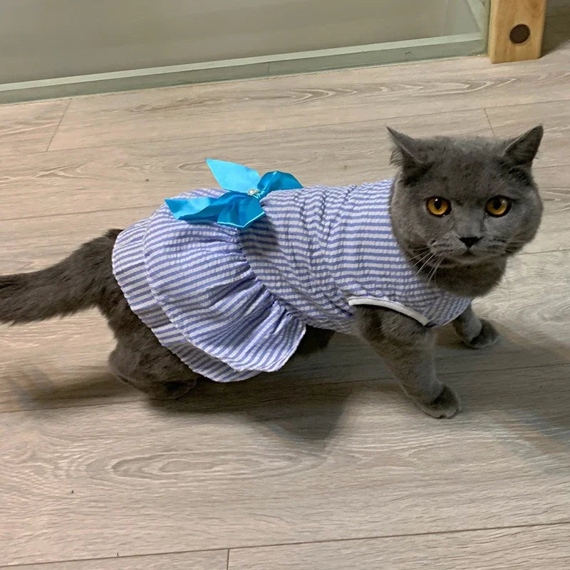 Striped Plaid Dress with Bow for Cats and Small Pets