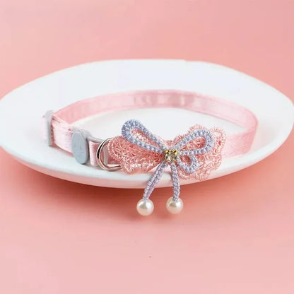 Pink Lace Bow Pet Collar with Beads and Bell for Cats and Dogs