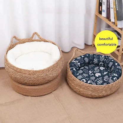 Natural Woven Cat Bed & Washable Heating Pad for All Seasons