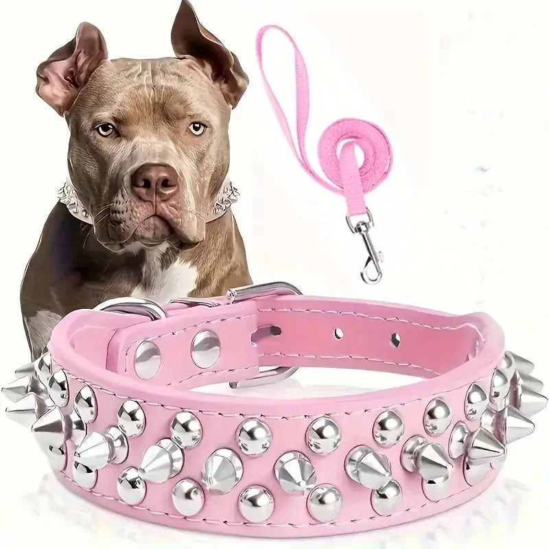 Spiked Leather Dog Collar and Leash Set for Walking