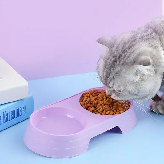 Pet Double Bowl Feeder Tray for Cats and Dogs - Macaron Design