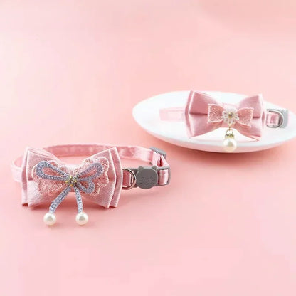 Pink Lace Bow Pet Collar with Beads and Bell for Cats and Dogs