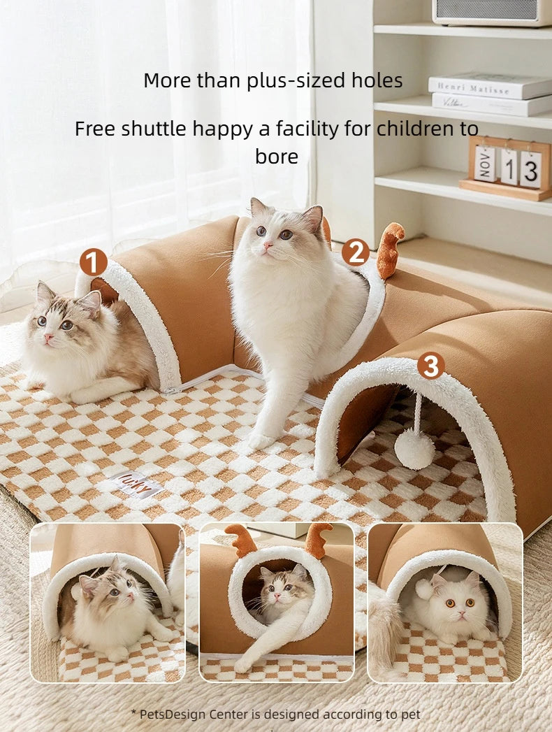 Reindeer-Themed Cat Tunnel Hideaway and Plush Bed