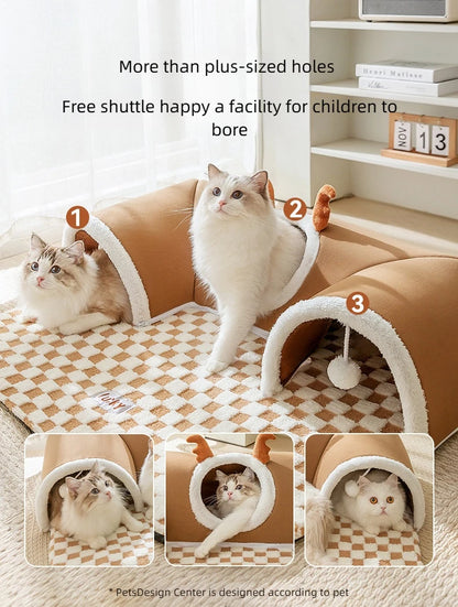 Reindeer-Themed Cat Tunnel Hideaway and Plush Bed