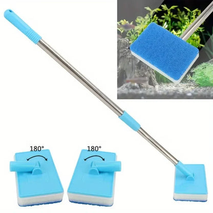 Telescopic 180° Aquarium Glass Cleaner with Double-Sided Sponge