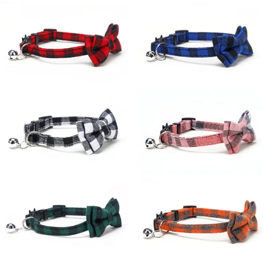 Plaid Christmas Cat Collar with Bow Tie and Bell