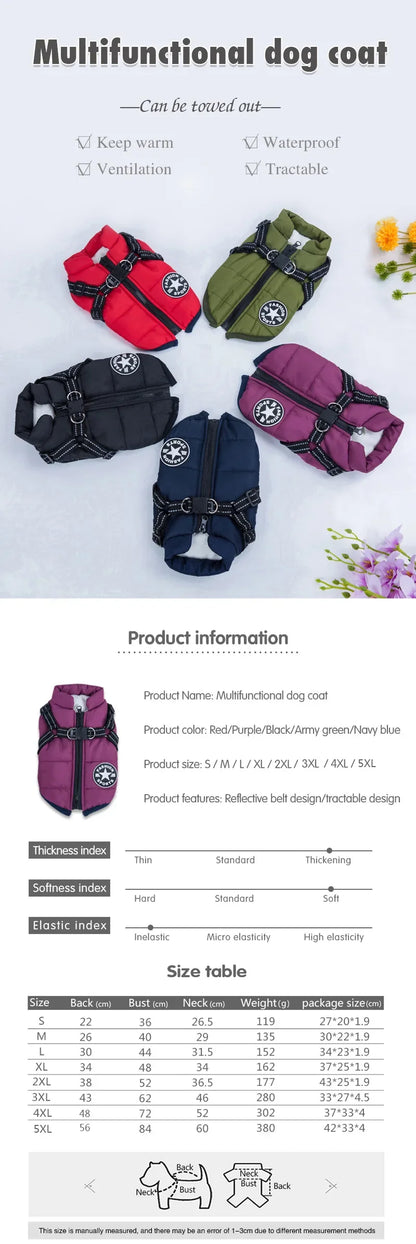 Waterproof Winter Dog Jacket with Harness for Large Breeds