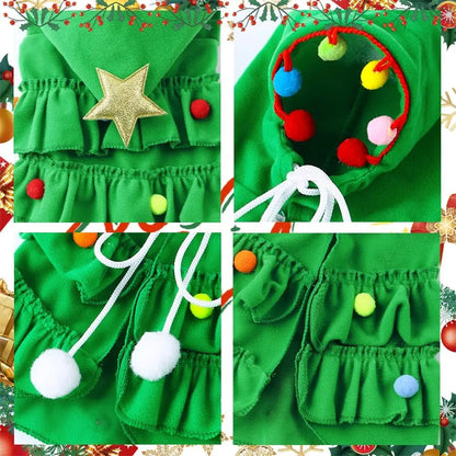 Green Pet Christmas Cloak with Hat and Pompoms for Dogs