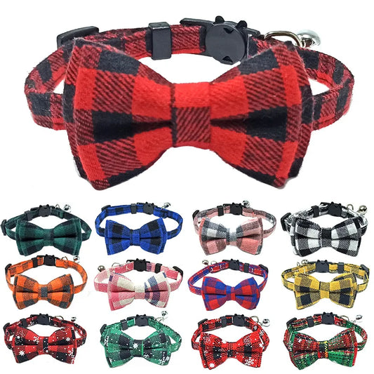 Plaid Christmas Cat Collar with Bow Tie and Bell