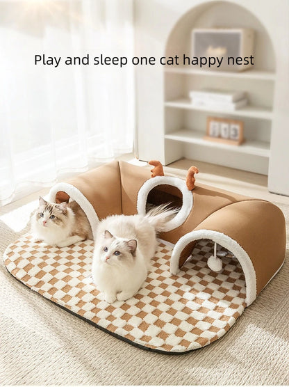 Reindeer-Themed Cat Tunnel Hideaway and Plush Bed