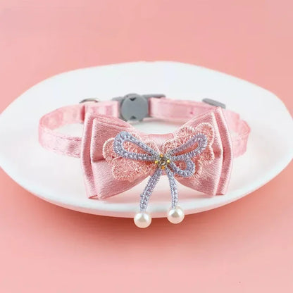 Pink Lace Bow Pet Collar with Beads and Bell for Cats and Dogs