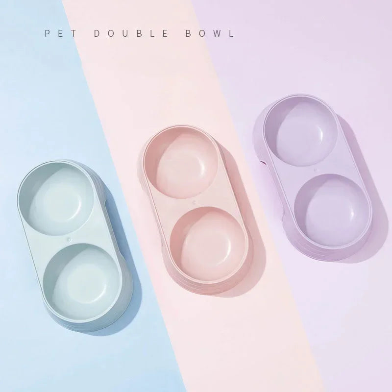 Pet Double Bowl Feeder Tray for Cats and Dogs - Macaron Design